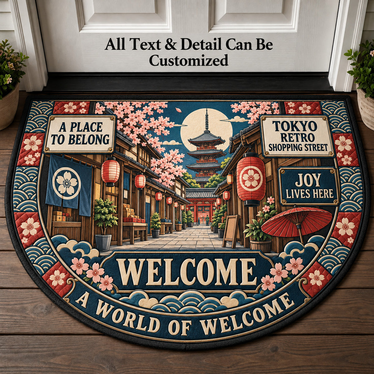 Tokyo Retro Shopping Street Personalized Half Round Mat | 5To9Vibe