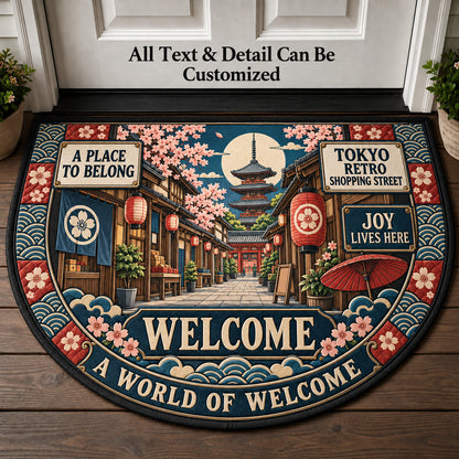 Tokyo Retro Shopping Street Personalized Half Round Mat | 5To9Vibe