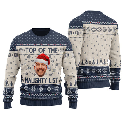 Top Of The Naughty List Custom Ugly Sweater Navy - Funny Ugly Christmas Sweater