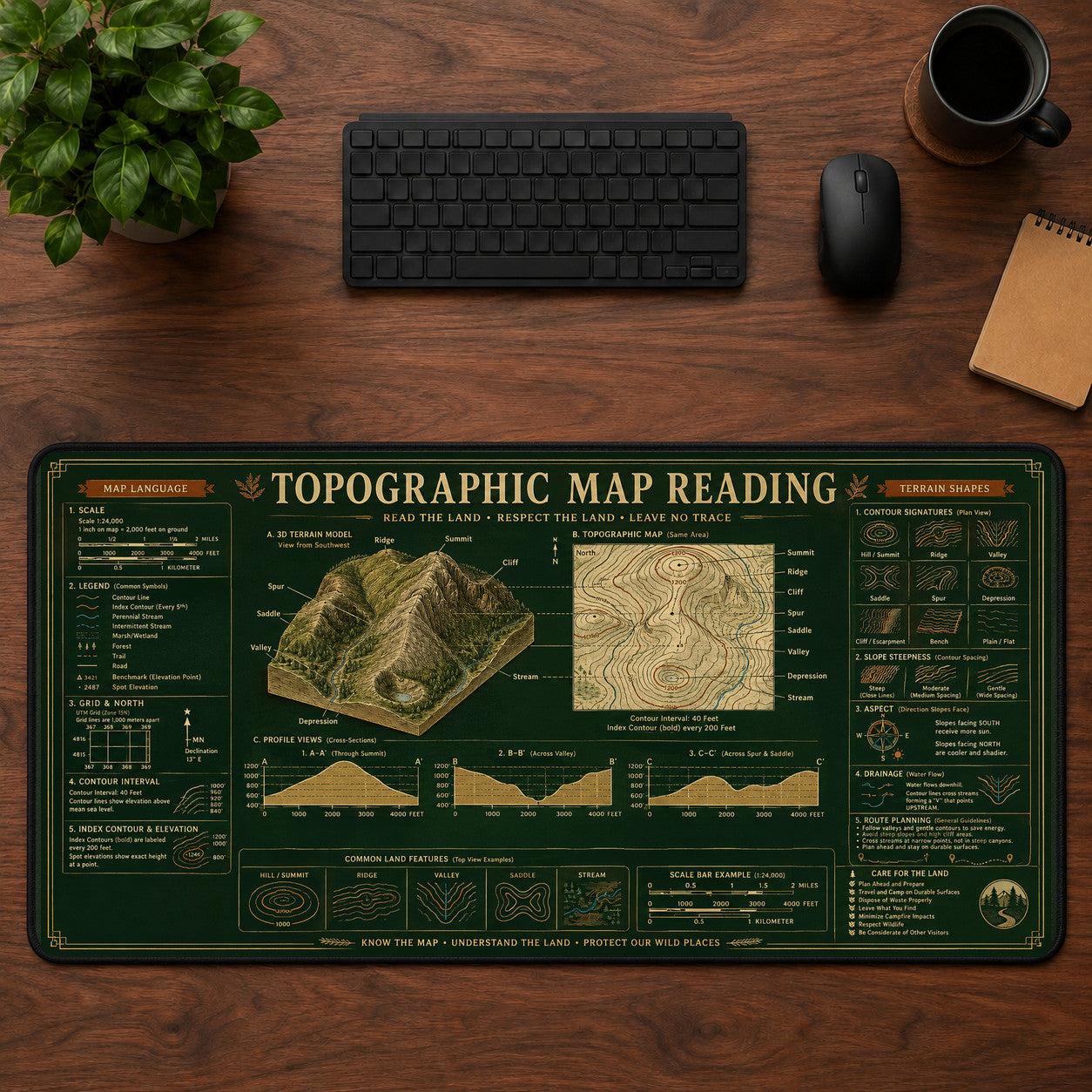 Topographic Map Reading Desk Mat Mouse Pad | 5To9Vibe