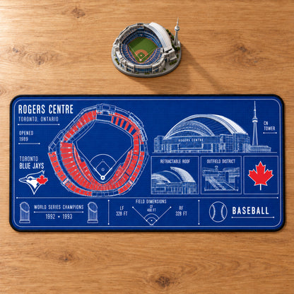 Toronto Blue Jays Rogers Centre blueprint desk mat, 16" x 32", on a wooden desk with a decorative stadium model