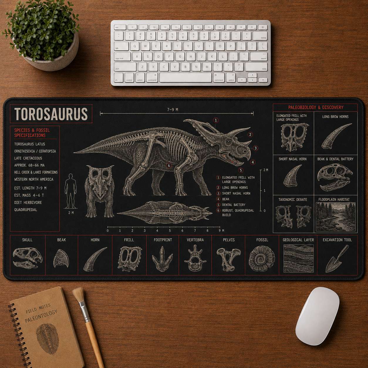 Torosaurus Dinosaur Blueprint Desk Mat | 5To9Vibe