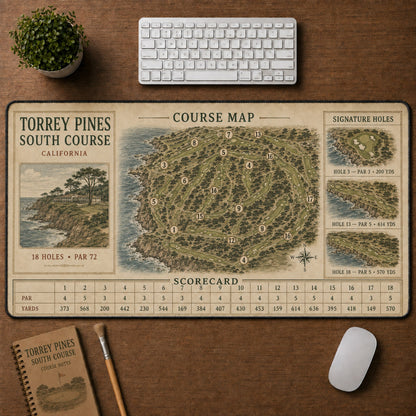 Torrey Pines South Course Vintage Golf Course Map & Scorecard Guide Desk Mat | 5To9Vibe
