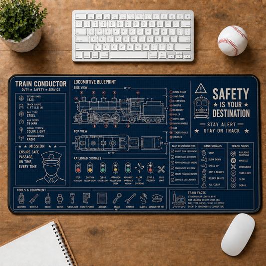 Train Conductor Blueprint Large Desk Mat - Locomotive Layout & Railroad Signals Plus Size Mouse Pad - 5to9vibe