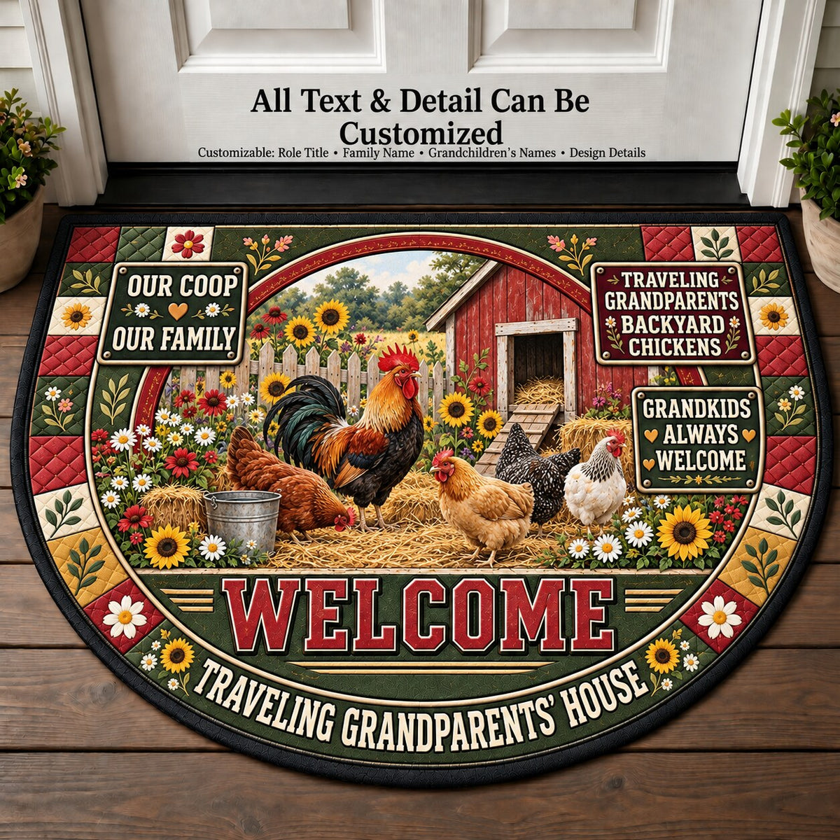 Traveling Grandparents' Backyard Chickens Personalized Half Round Mat | 5To9Vibe