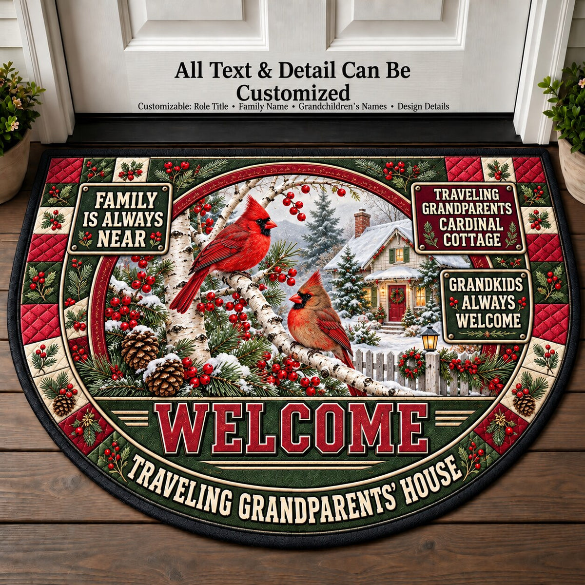 Traveling Grandparents' Cardinal Cottage Personalized Half Round Mat | 5To9Vibe