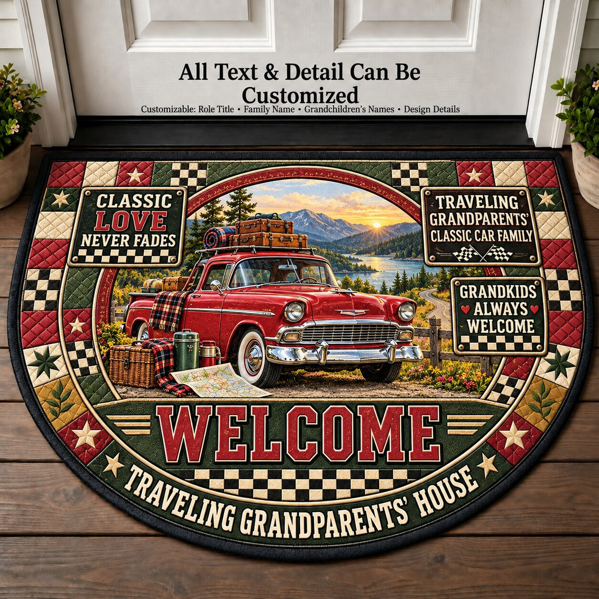 Traveling Grandparents' Classic Car Family Personalized Half Round Mat | 5To9Vibe