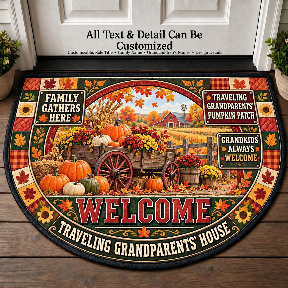 Traveling Grandparents' Pumpkin Patch Personalized Half Round Mat | 5To9Vibe
