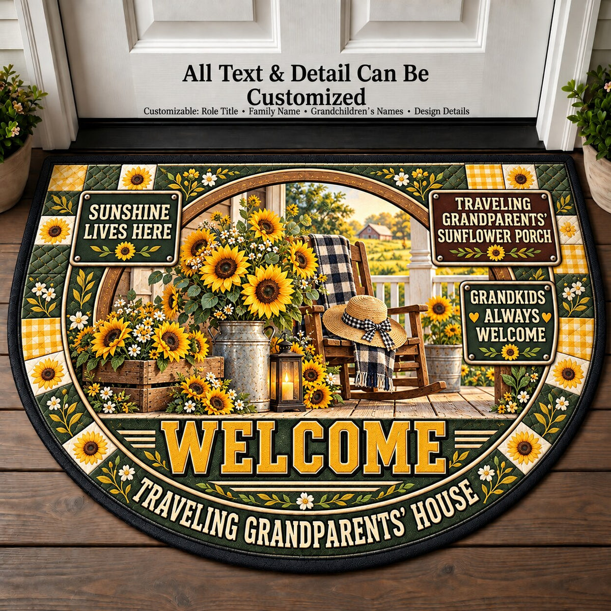 Traveling Grandparents' Sunflower Porch Personalized Half Round Mat | 5To9Vibe