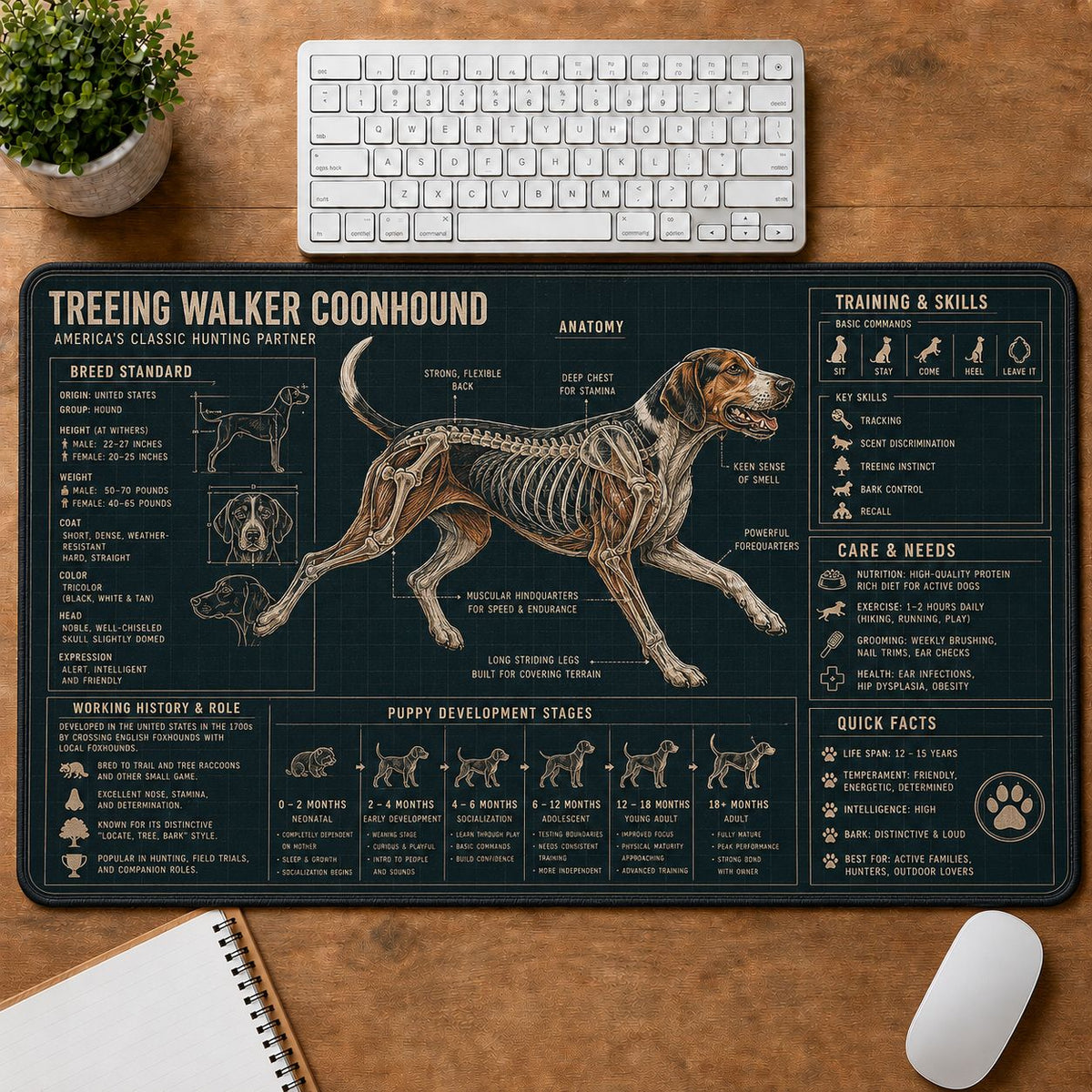 Treeing Walker Coonhound Dog Breed Visual Guide Desk Mat | 5To9Vibe