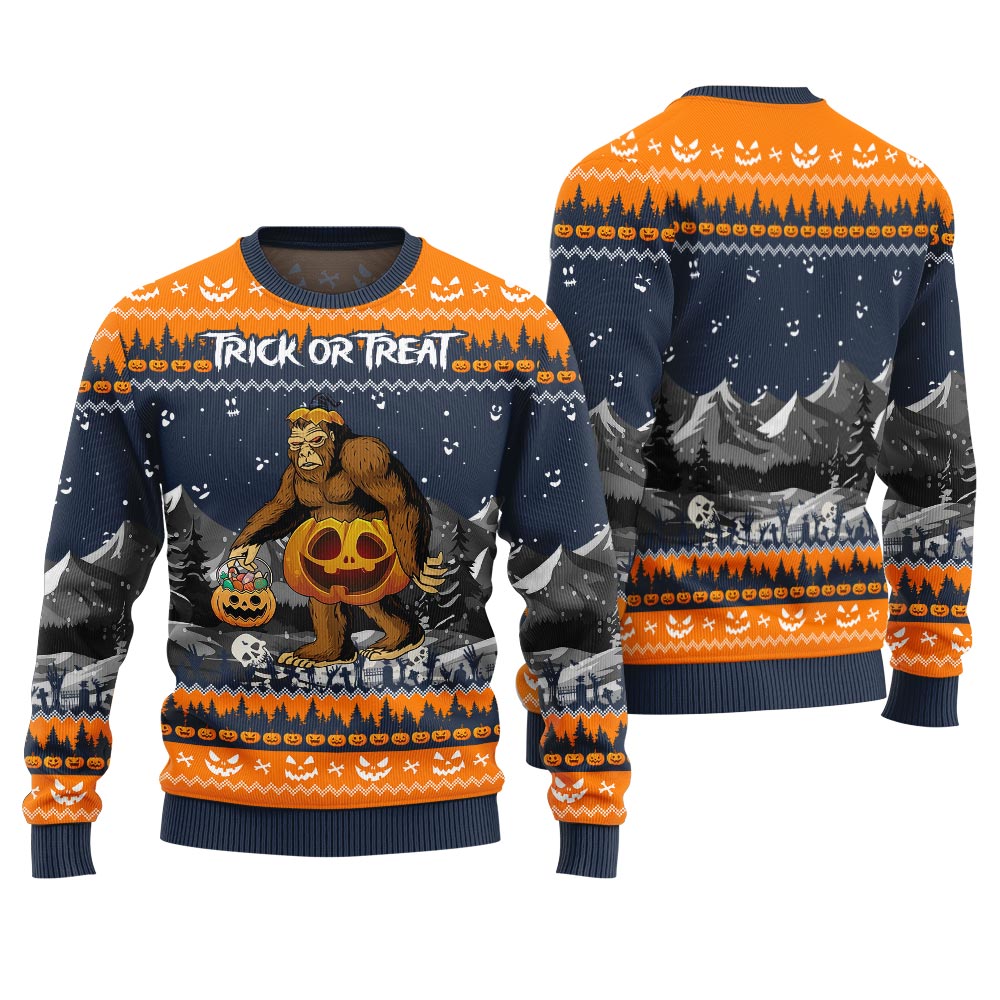 Trick Or Treat Bigfoot Halloween Christmas Sweater Navy