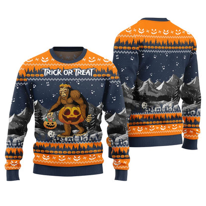 Trick Or Treat Bigfoot Halloween Christmas Sweater Navy
