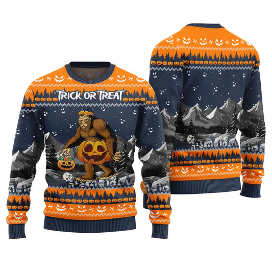 Trick Or Treat Bigfoot Halloween Christmas Sweater Navy