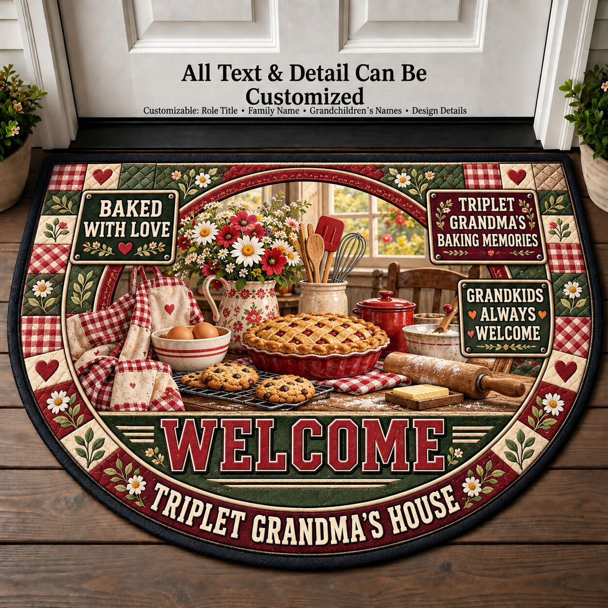 Triplet Grandma's Baking Memories Personalized Half Round Mat | 5To9Vibe