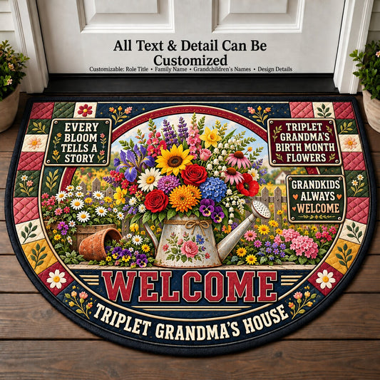 Triplet Grandma's Birth Month Flowers Personalized Half Round Mat | 5To9Vibe