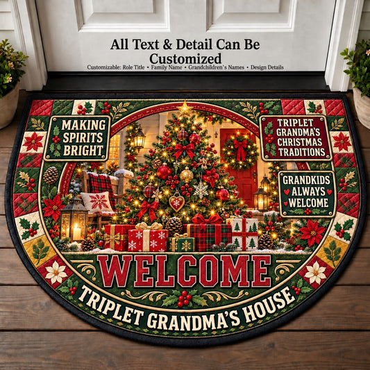 Triplet Grandma's Christmas Traditions Personalized Half Round Mat | 5To9Vibe
