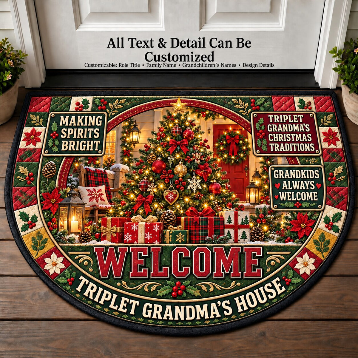 Triplet Grandma's Christmas Traditions Personalized Half Round Mat | 5To9Vibe