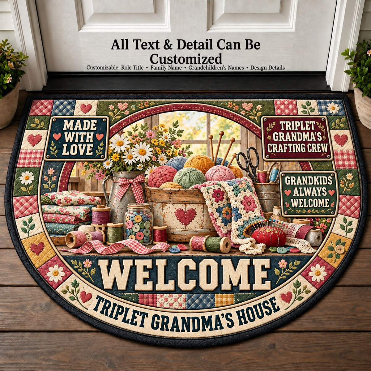 Triplet Grandma's Crafting Crew Personalized Half Round Mat | 5To9Vibe