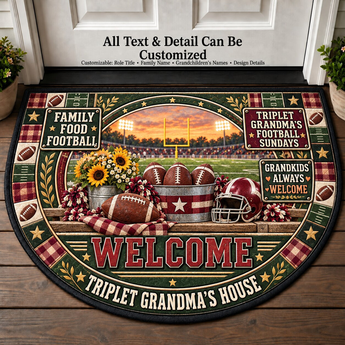 Triplet Grandma's Football Sundays Personalized Half Round Mat | 5To9Vibe