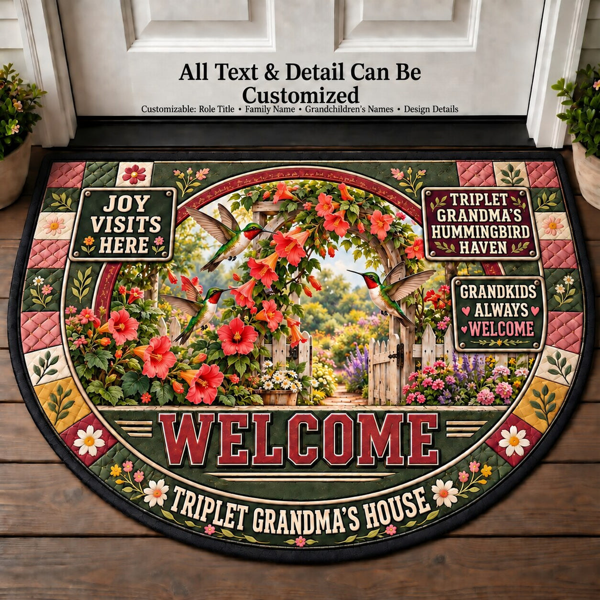 Triplet Grandma's Hummingbird Haven Personalized Half Round Mat | 5To9Vibe