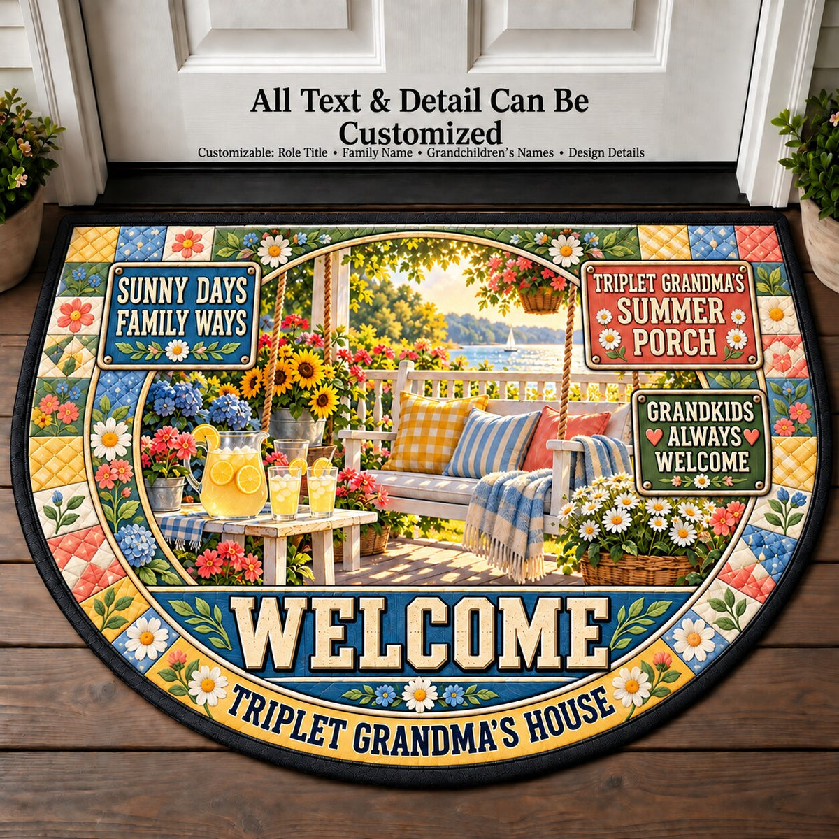 Triplet Grandma's Summer Porch Personalized Half Round Mat | 5To9Vibe