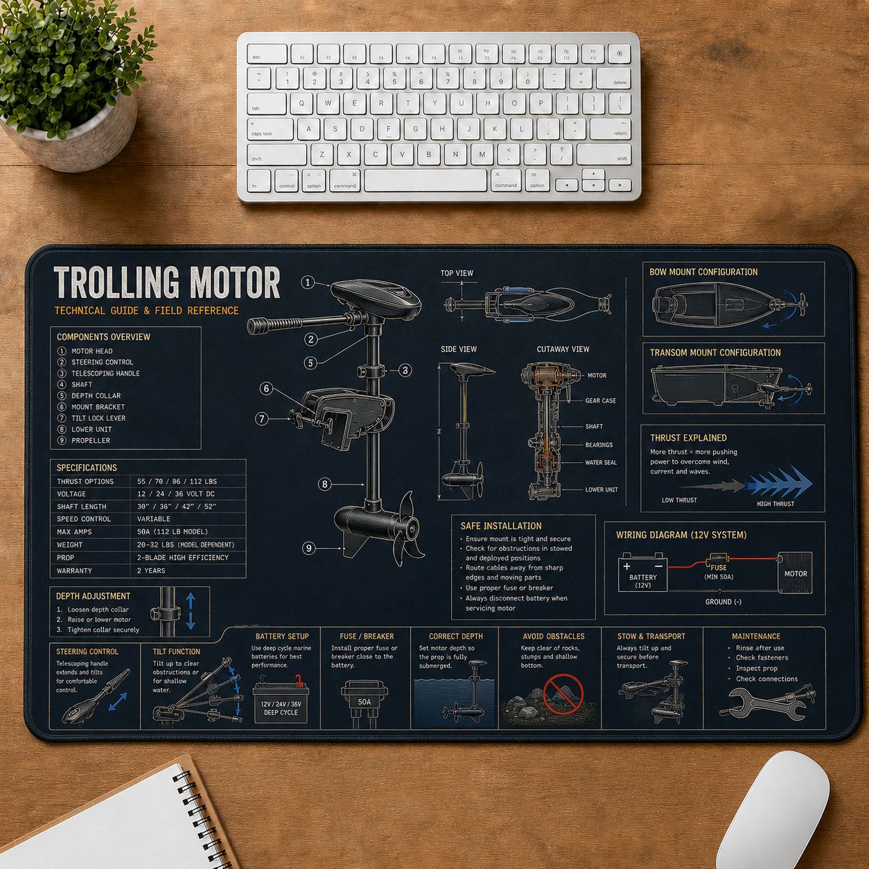 Trolling Motor Fishing Field Guide Desk Mat | 5To9Vibe