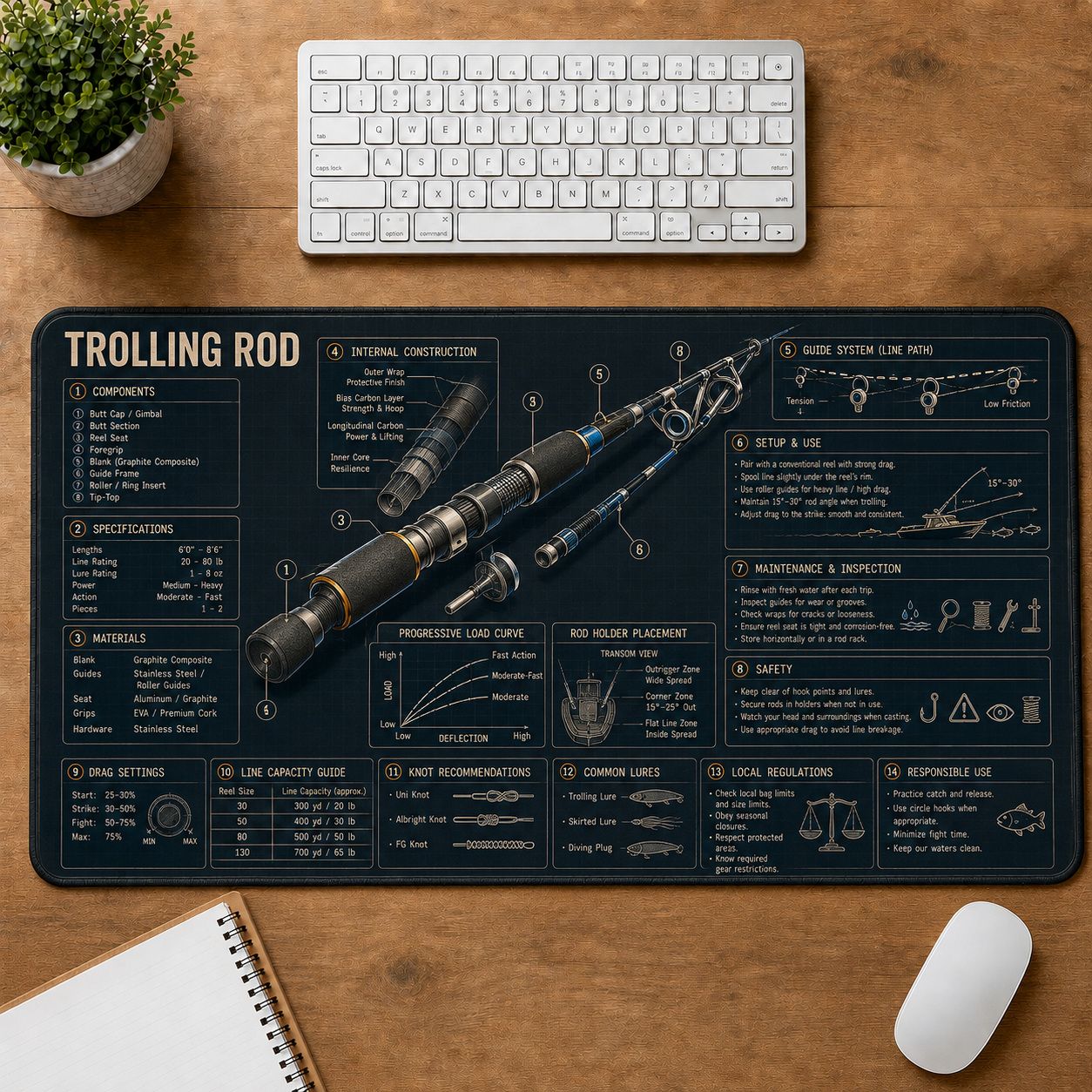 Trolling Rod Fishing Field Guide Desk Mat | 5To9Vibe