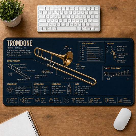 Trombone Musical Instrument Blueprint Guide Desk Mat | 5To9Vibe