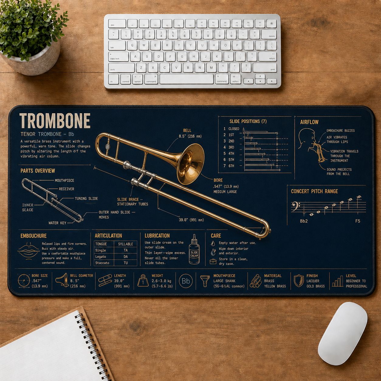 Trombone Musical Instrument Blueprint Guide Desk Mat | 5To9Vibe
