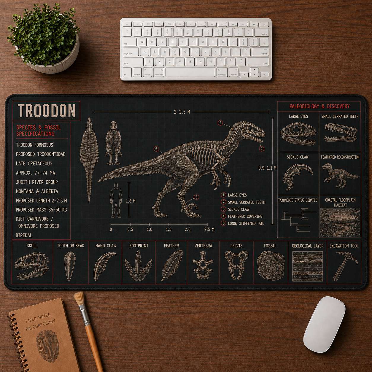 Troodon Dinosaur Blueprint Desk Mat | 5To9Vibe