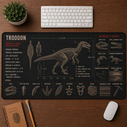 Troodon Dinosaur Blueprint Desk Mat | 5To9Vibe