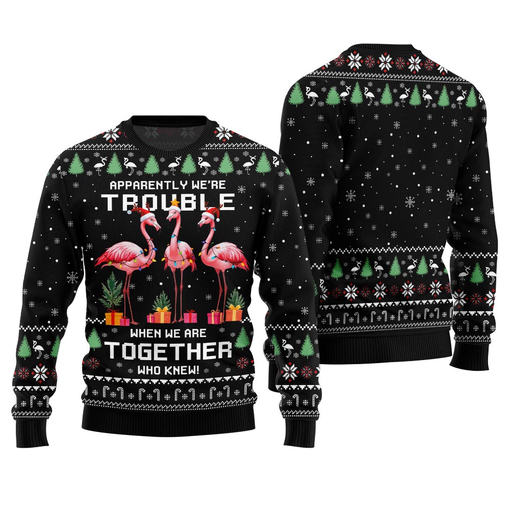 Trouble Together Flamingo Ugly Christmas Sweater For Friends