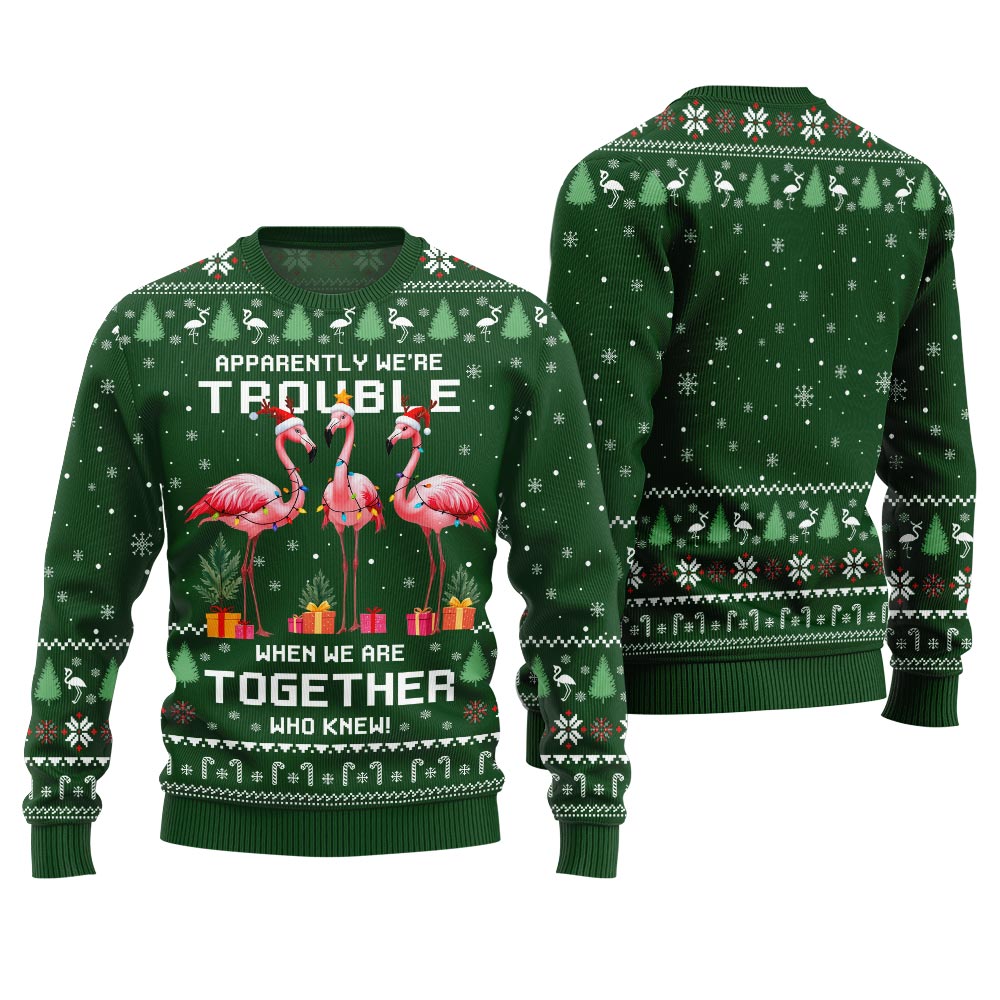 Trouble Together Flamingo Ugly Christmas Sweater For Friends
