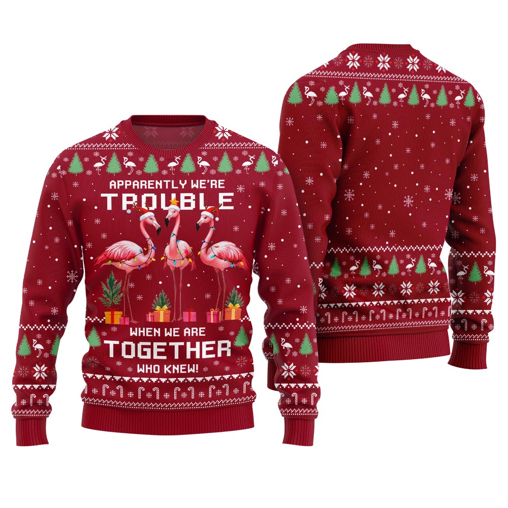 Trouble Together Flamingo Ugly Christmas Sweater For Friends