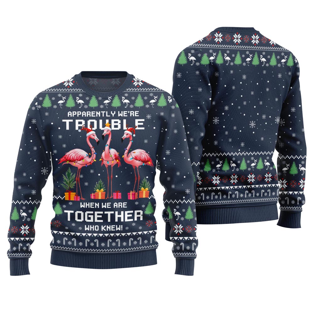 Trouble Together Flamingo Ugly Christmas Sweater For Friends