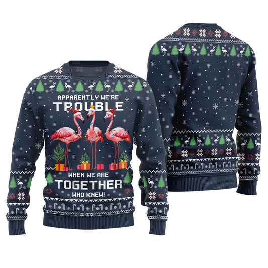 Trouble Together Flamingo Ugly Christmas Sweater For Friends