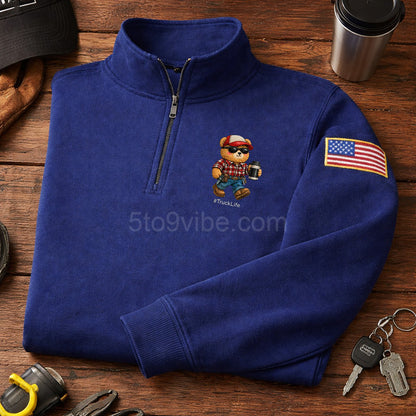 Truck Life Embroidered Quarter Zip Sweatshirt, Funny Truck Life Bear Pullover, Men's Casual Zip Up Jacket, Gift for Truck Life Lover Dad
