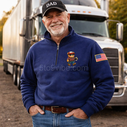 Truck Life Embroidered Quarter Zip Sweatshirt, Funny Truck Life Bear Pullover, Men's Casual Zip Up Jacket, Gift for Truck Life Lover Dad