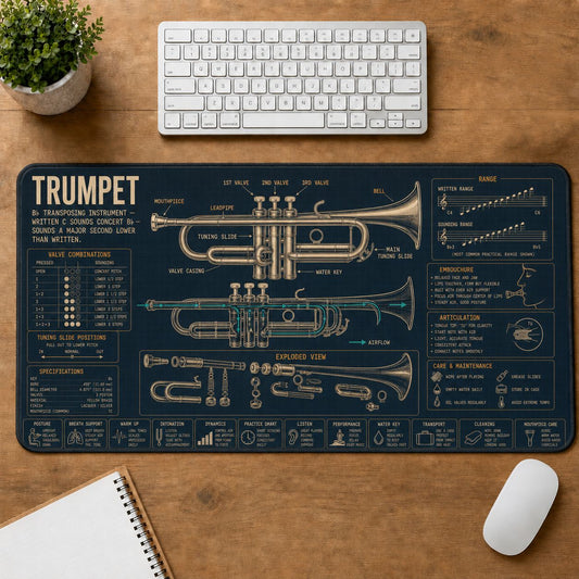 Trumpet Musical Instrument Blueprint Guide Desk Mat | 5To9Vibe