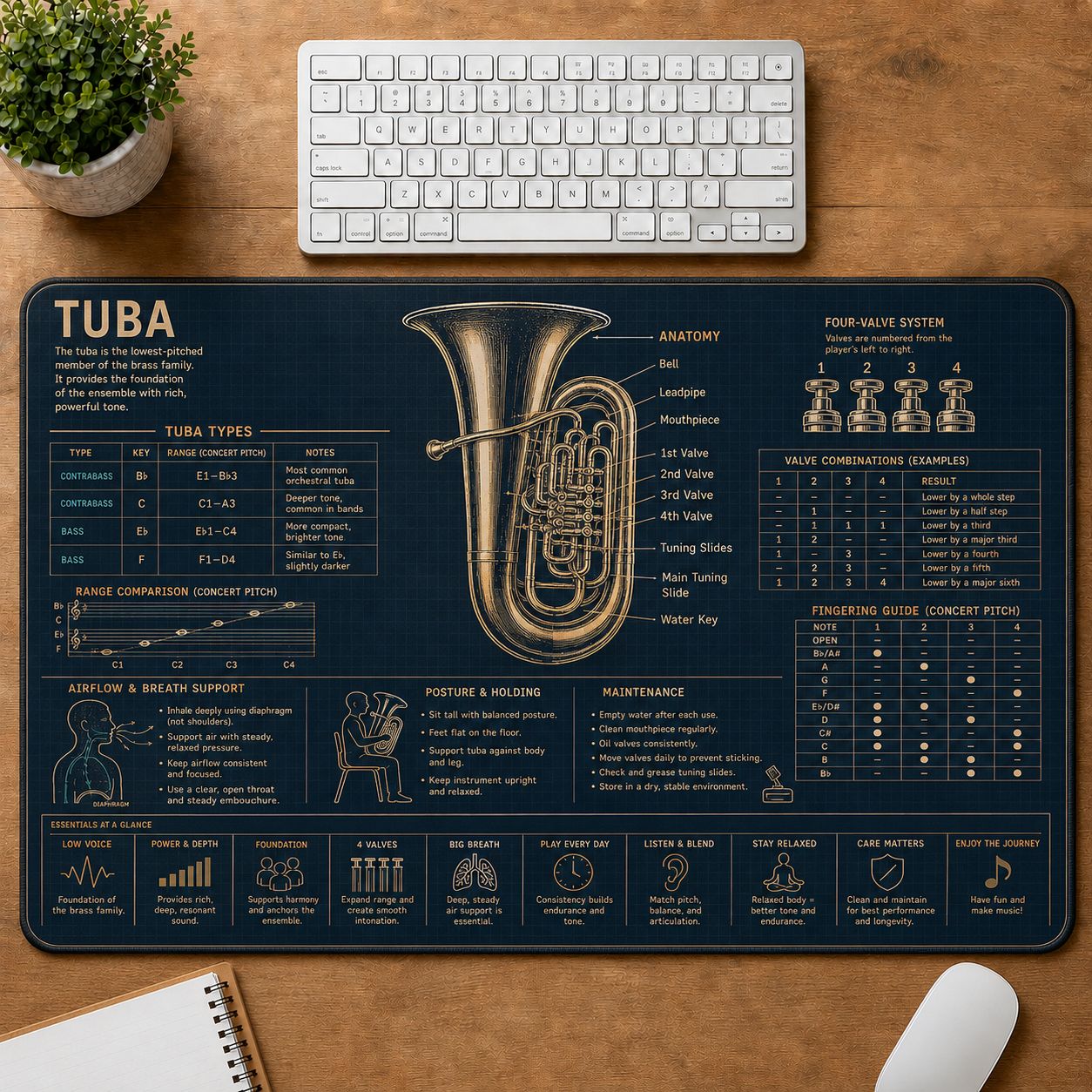 Tuba Musical Instrument Blueprint Guide Desk Mat | 5To9Vibe