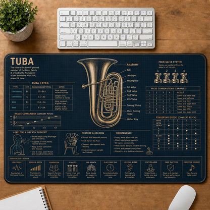 Tuba Musical Instrument Blueprint Guide Desk Mat | 5To9Vibe