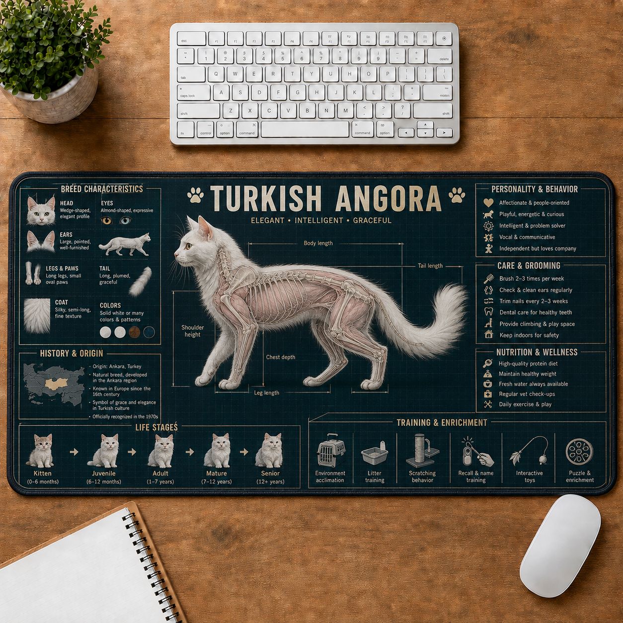 Turkish Angora Cat Breed Desk Mat Anatomy Guide | 5To9Vibe