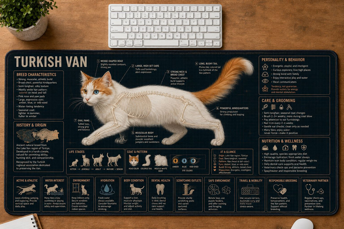 Turkish Van Cat Breed Desk Mat Anatomy Guide | 5To9Vibe