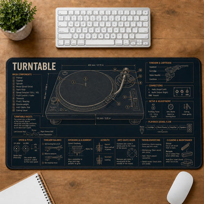 Turntable Musical Instrument Blueprint Guide Desk Mat | 5To9Vibe