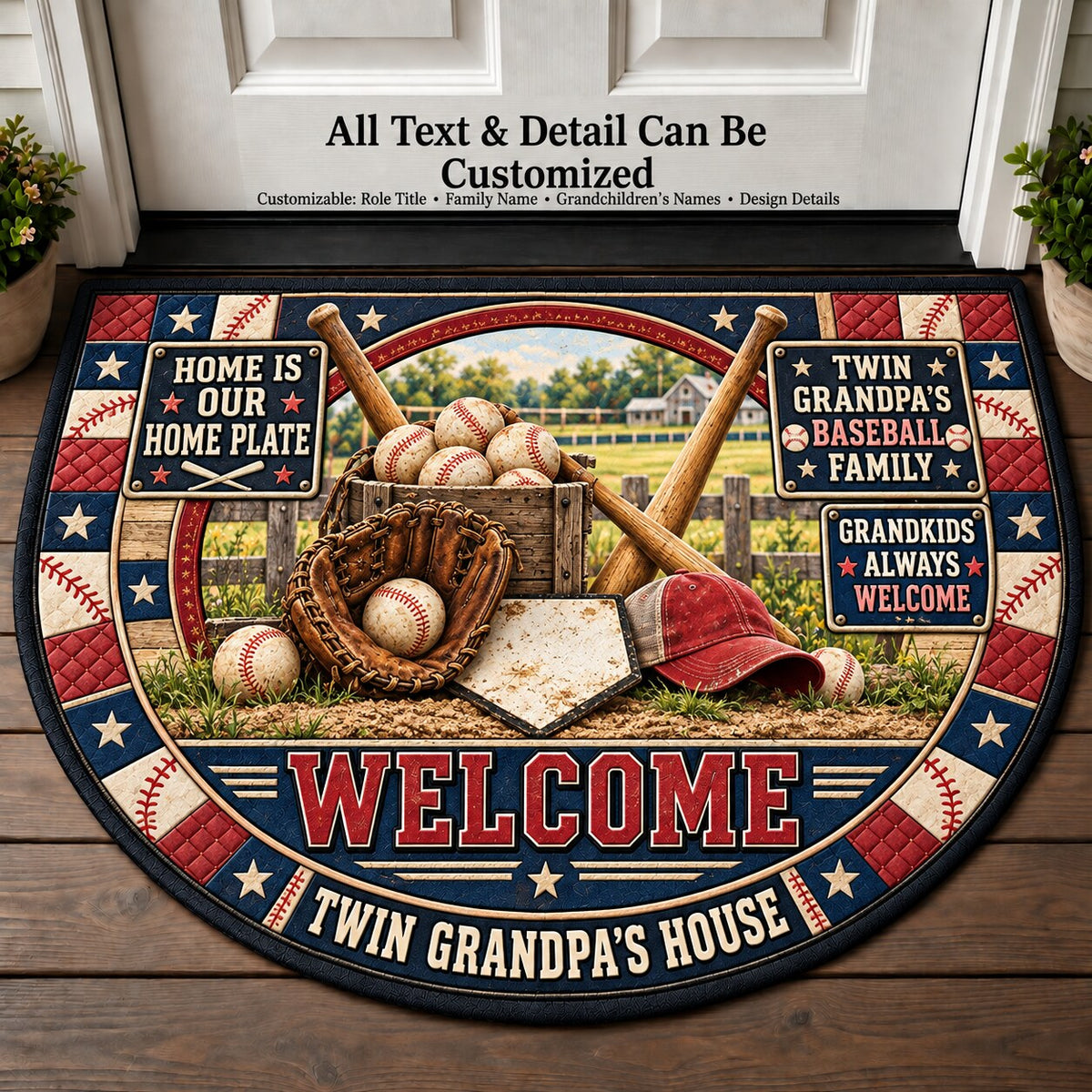 Twin Grandpa's Baseball Family Personalized Half Round Mat | 5To9Vibe