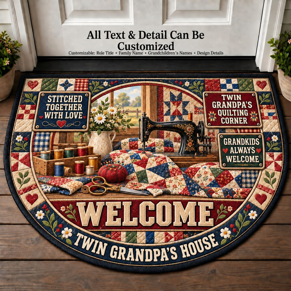 Twin Grandpa's Quilting Corner Personalized Half Round Mat | 5To9Vibe