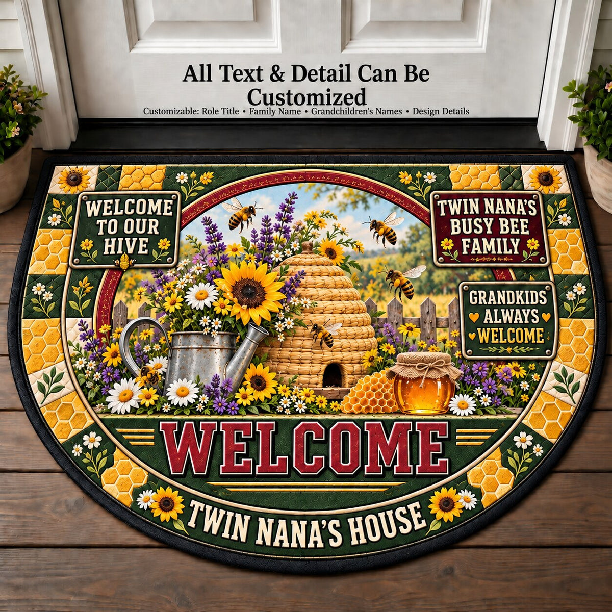 Twin Nana's Busy Bee Family Personalized Half Round Mat | 5To9Vibe