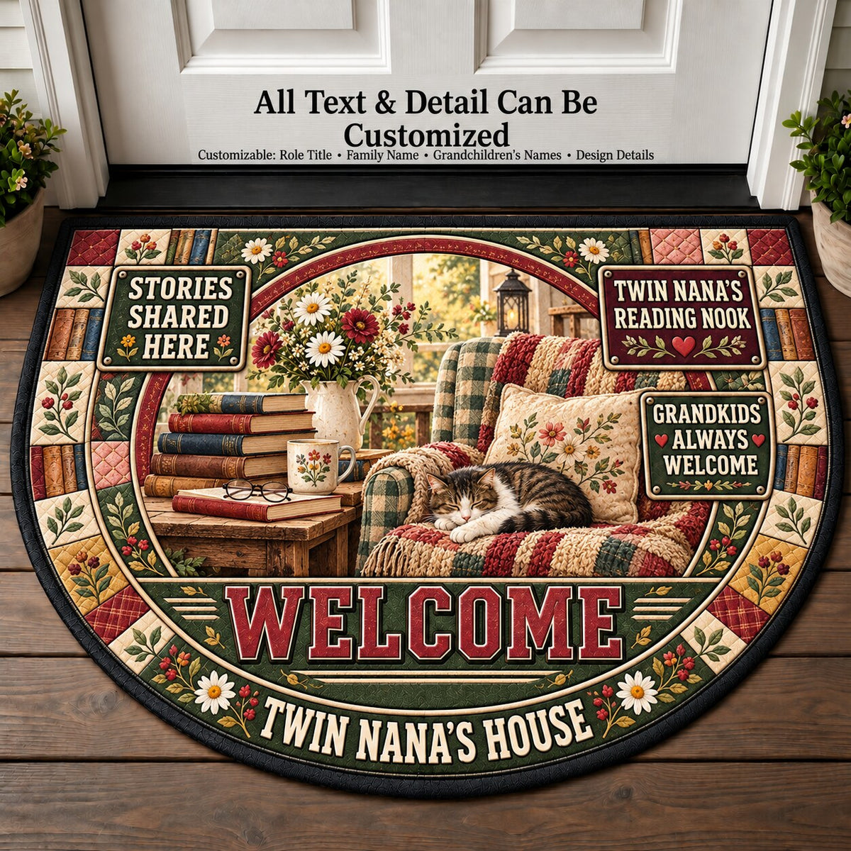 Twin Nana's Reading Nook Personalized Half Round Mat | 5To9Vibe