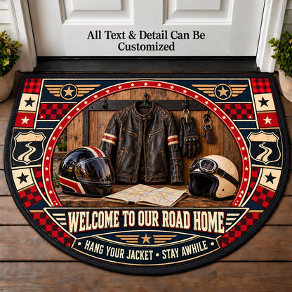 Leather Jacket Entry - Two Up Adventures Personalized Half Round Mat | 5To9Vibe