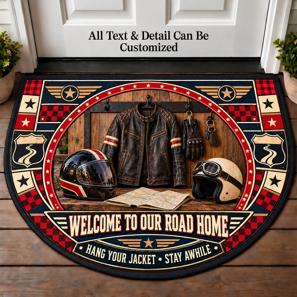 Leather Jacket Entry - Two Up Adventures Personalized Half Round Mat | 5To9Vibe
